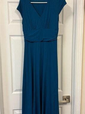 Blue V-Neck Cap Sleeve Maxi Dress